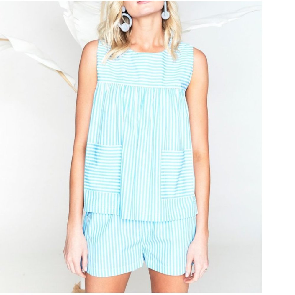 Lake Pajamas Pocket Shorts Pajama Set - Blue & White Striped Poplin
